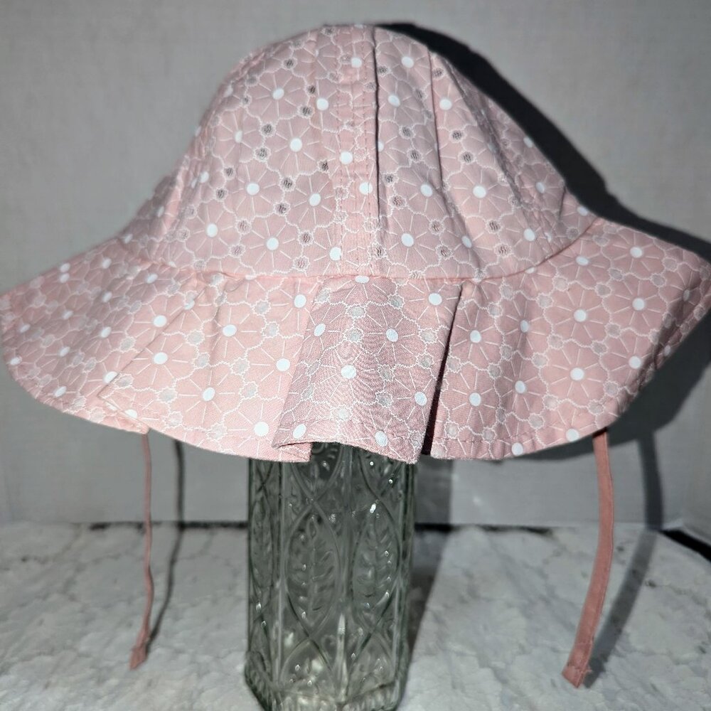 NWT Baby/Toddler Girls Breathable Summer Sun Cap w/ Ties Pink&White Cotton 1-4yo